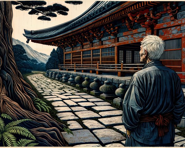 Elderly Man Observing Ornate Temple in Woodblock Print