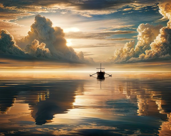 Lone Boat on Calm Waters with Vibrant Sunset Hues