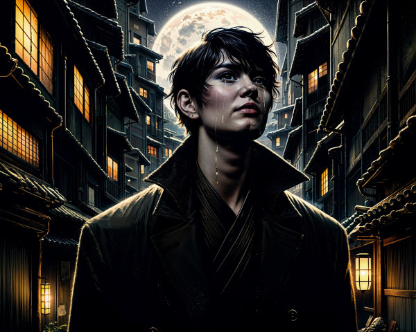 Mysterious Figure in Alleyway Under Moonlight