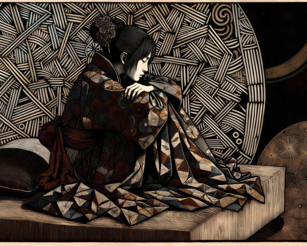 Contemplative Figure in Patterned Kimono Artwork