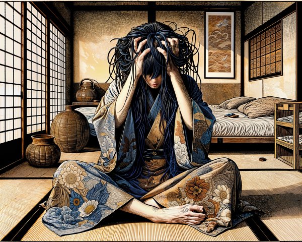 Japanese Room with Figure in Distress and Kimono