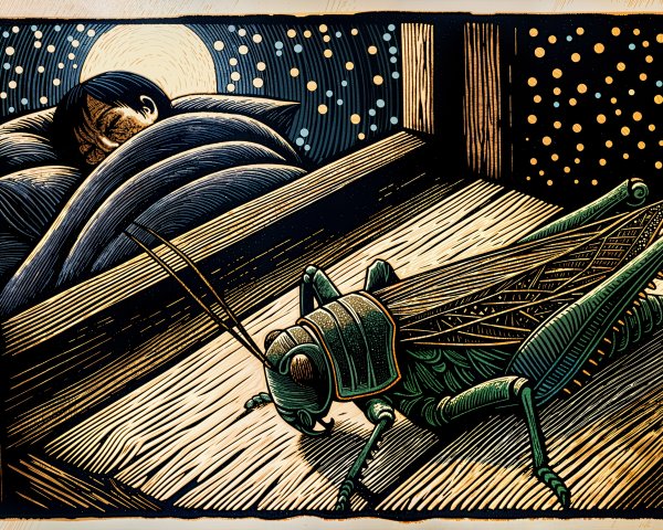 Child in Bed with Moonlit Window and Grasshopper