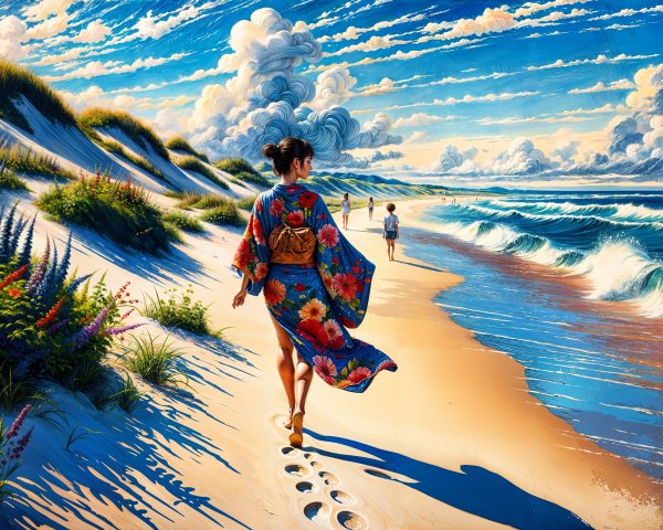 Serene Beach Scene with Woman in Floral Kimono