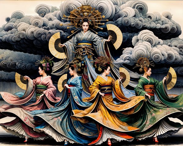 Majestic figure in traditional attire with dancers