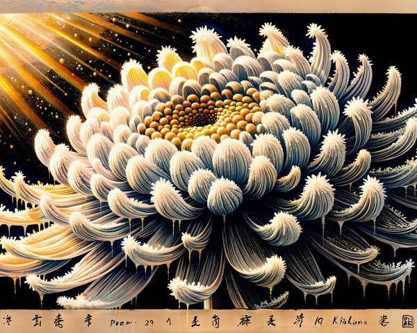 Oversized chrysanthemum in golden light against dark background