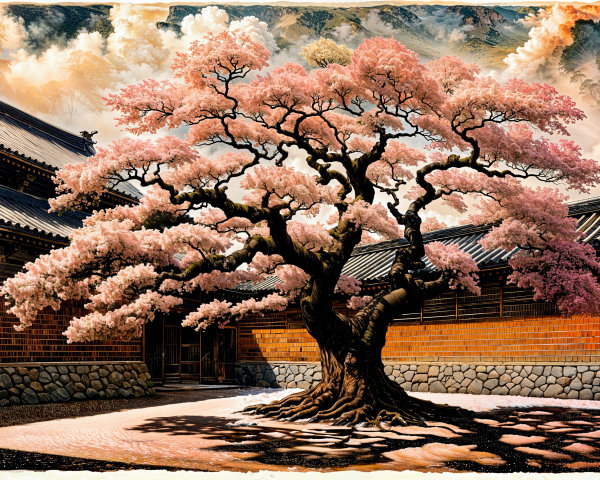Cherry Blossom Tree in Traditional Japanese Courtyard