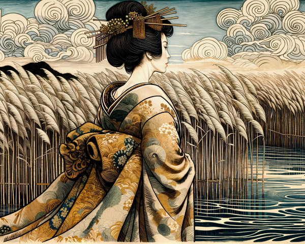 Woman in Kimono by River with Reeds and Clouds