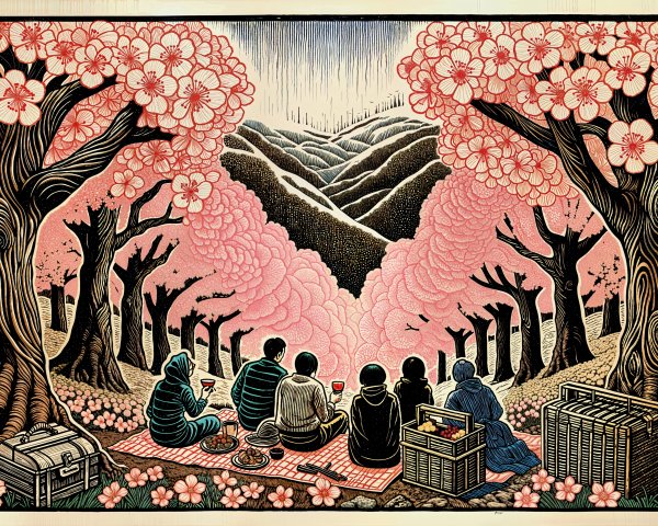 Picnic Gathering Under Cherry Trees in Pastel Landscape