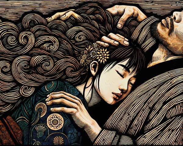 Stylized Illustration of Embracing Figures in Tranquility