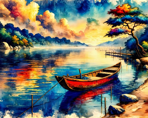 Tranquil River Landscape at Sunset with Vibrant Colors
