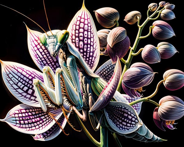 Praying Mantis Illustration on Flower with Details