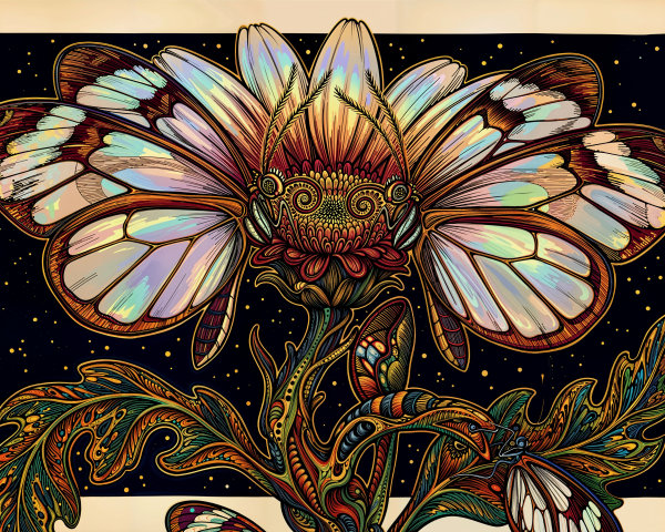 Ornate Illustration of Butterflies and Flowers