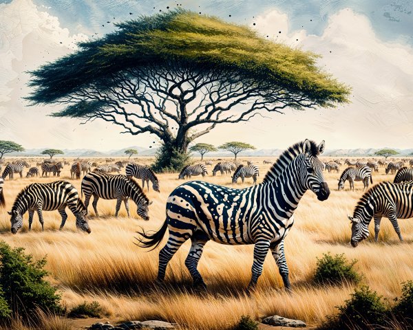 Savannah Scene with Herd of Grazing Zebras