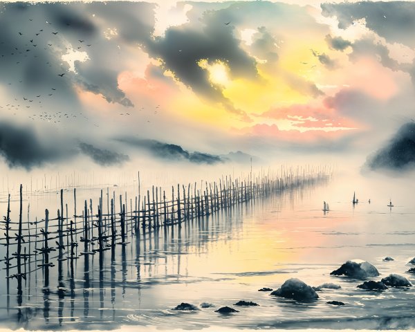 Serene Dawn Landscape with Misty Lake and Silhouettes