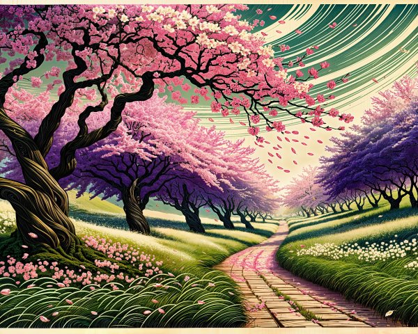 Serene landscape with cherry blossoms and winding path