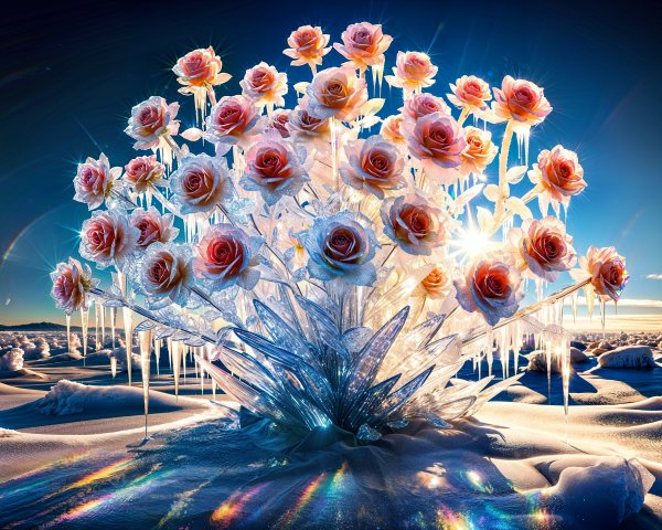 Crystalline Roses on Ice in a Snowy Landscape