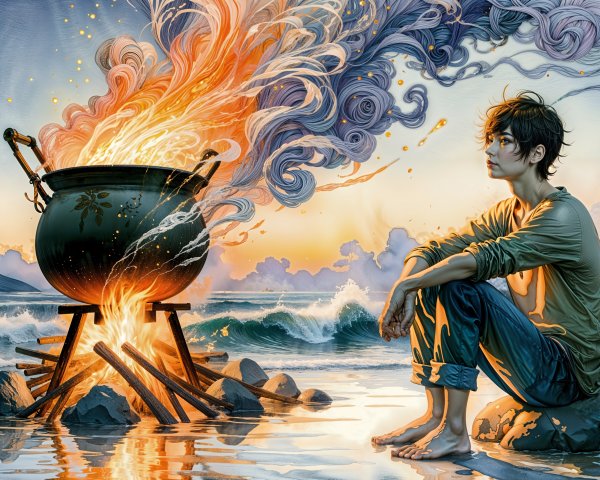 Person on Beach at Sunset with Campfire and Smoke