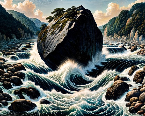 Rugged Rock by River with Waves and Dramatic Sky