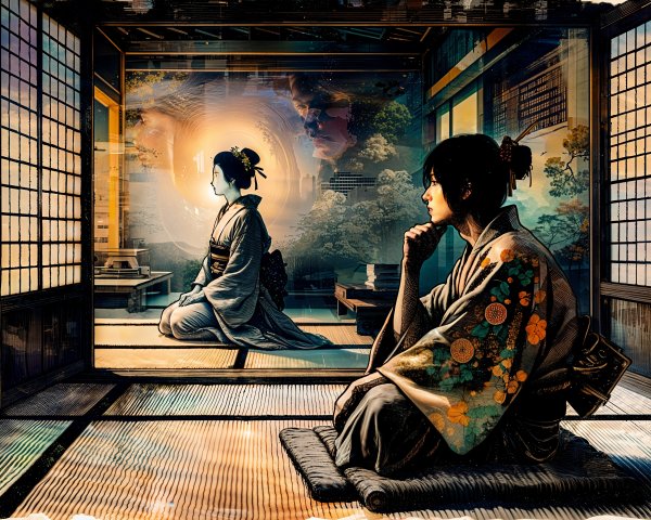 Traditional Japanese Room with Two Women in Kimono