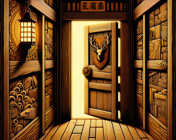Rustic Wooden Door with Intricate Carvings and Lantern