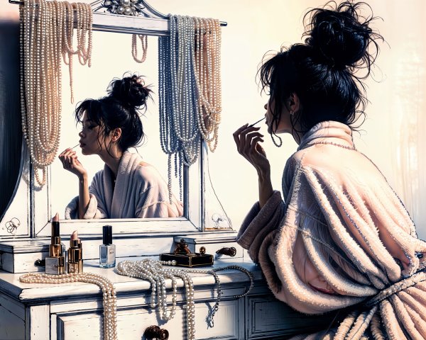 Elegant Woman in Vintage Mirror with Glamorous Vanity