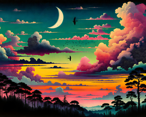 Vibrant Sunset with Silhouetted Pine Trees and Moon