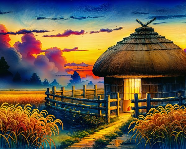 Serene countryside sunset with thatched-roof hut
