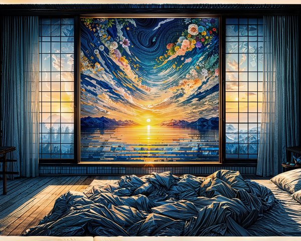 Serene Bedroom with Sunset Mural and Cozy Atmosphere