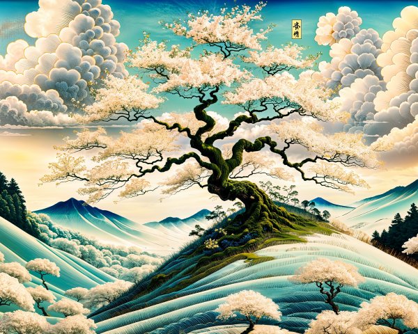 Majestic tree on hillside with blooming flowers and hills