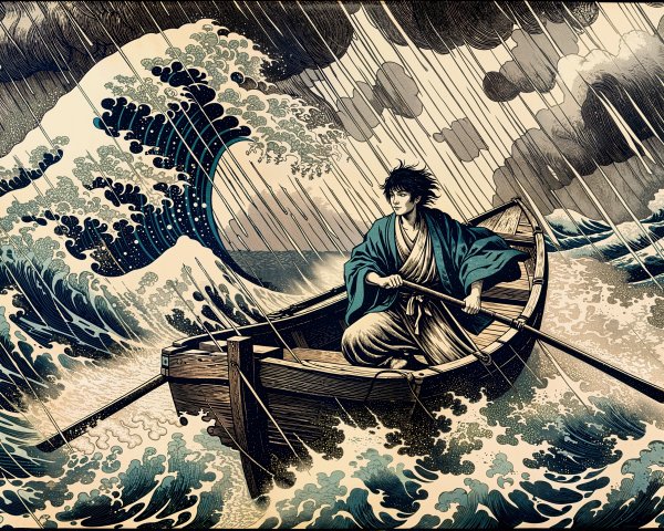 Rower in Traditional Attire Navigates Stormy Sea