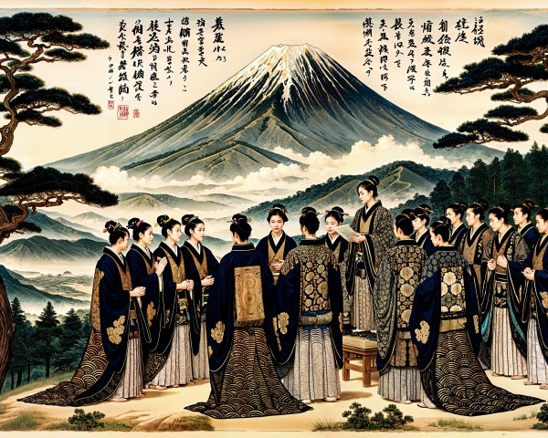 Traditional Japanese Scene with Mount Fuji and Figures