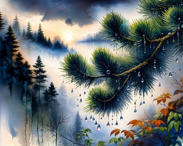 Misty Forest Landscape with Detailed Pine Branch