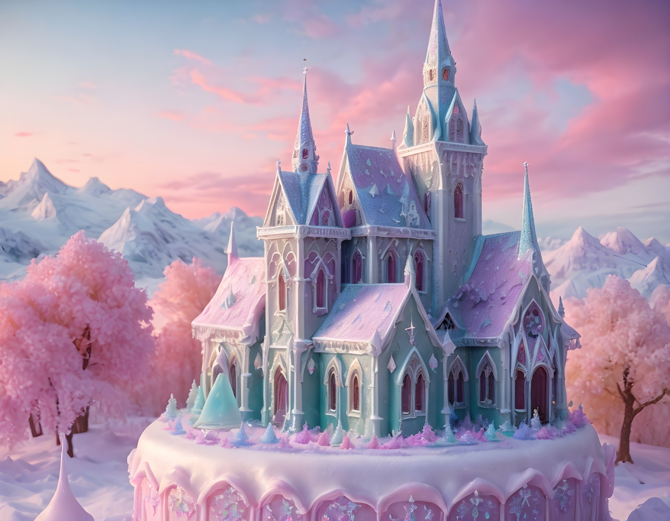 Whimsical Pink and Blue Castle Cake in Snowy Landscape