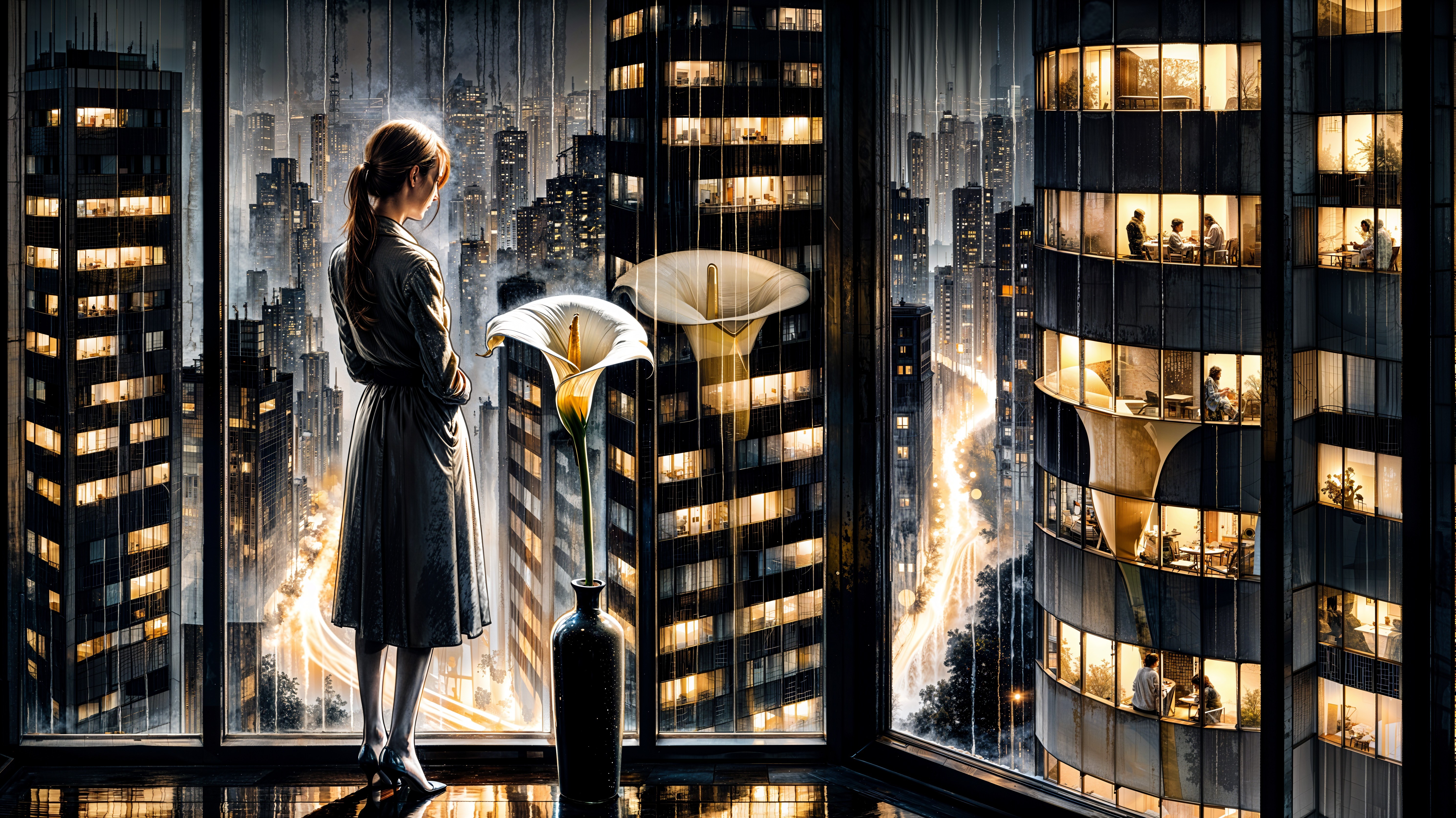 Woman by Window Overlooking Rainy City Skyline