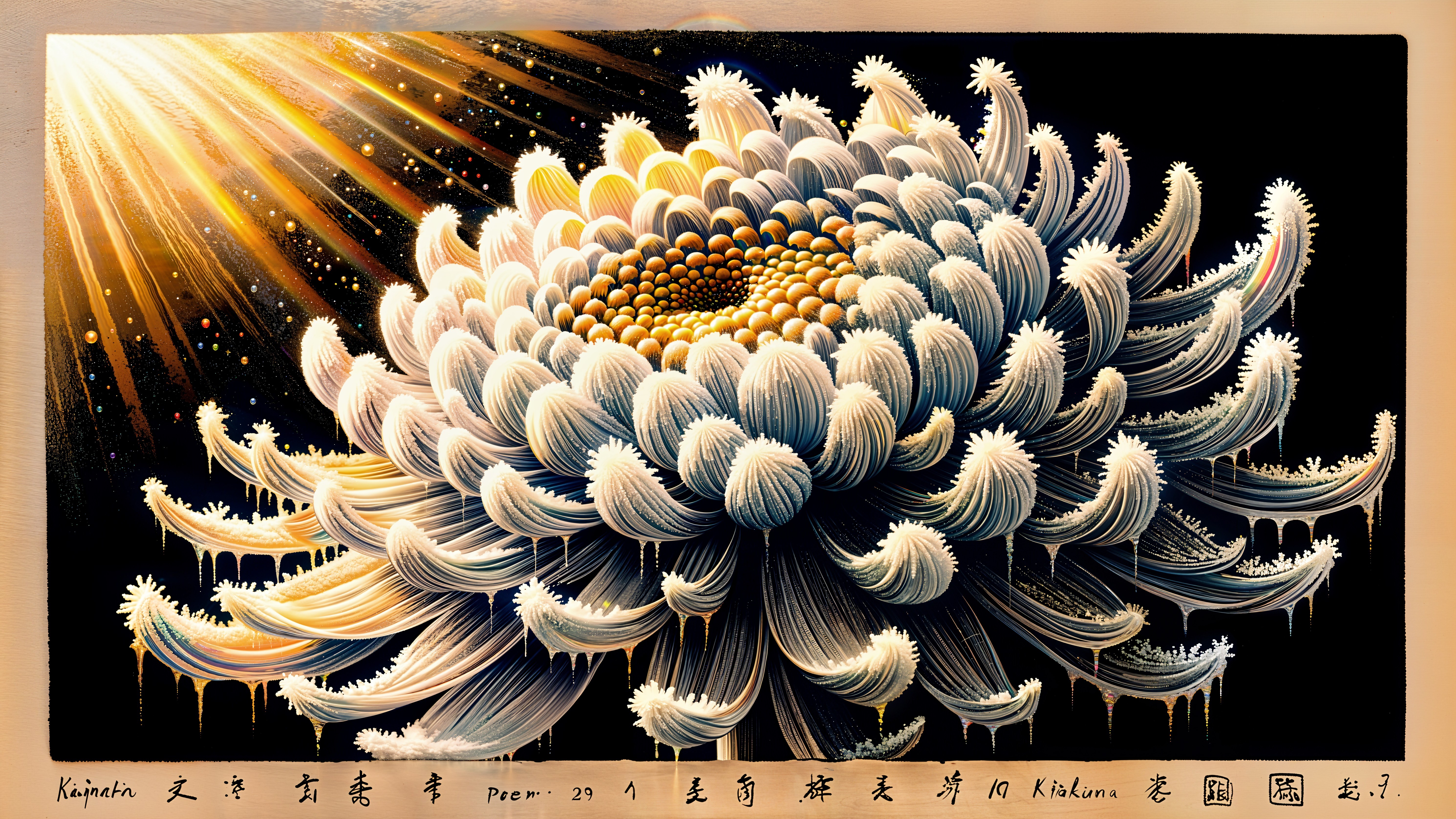 Oversized chrysanthemum in golden light against dark background