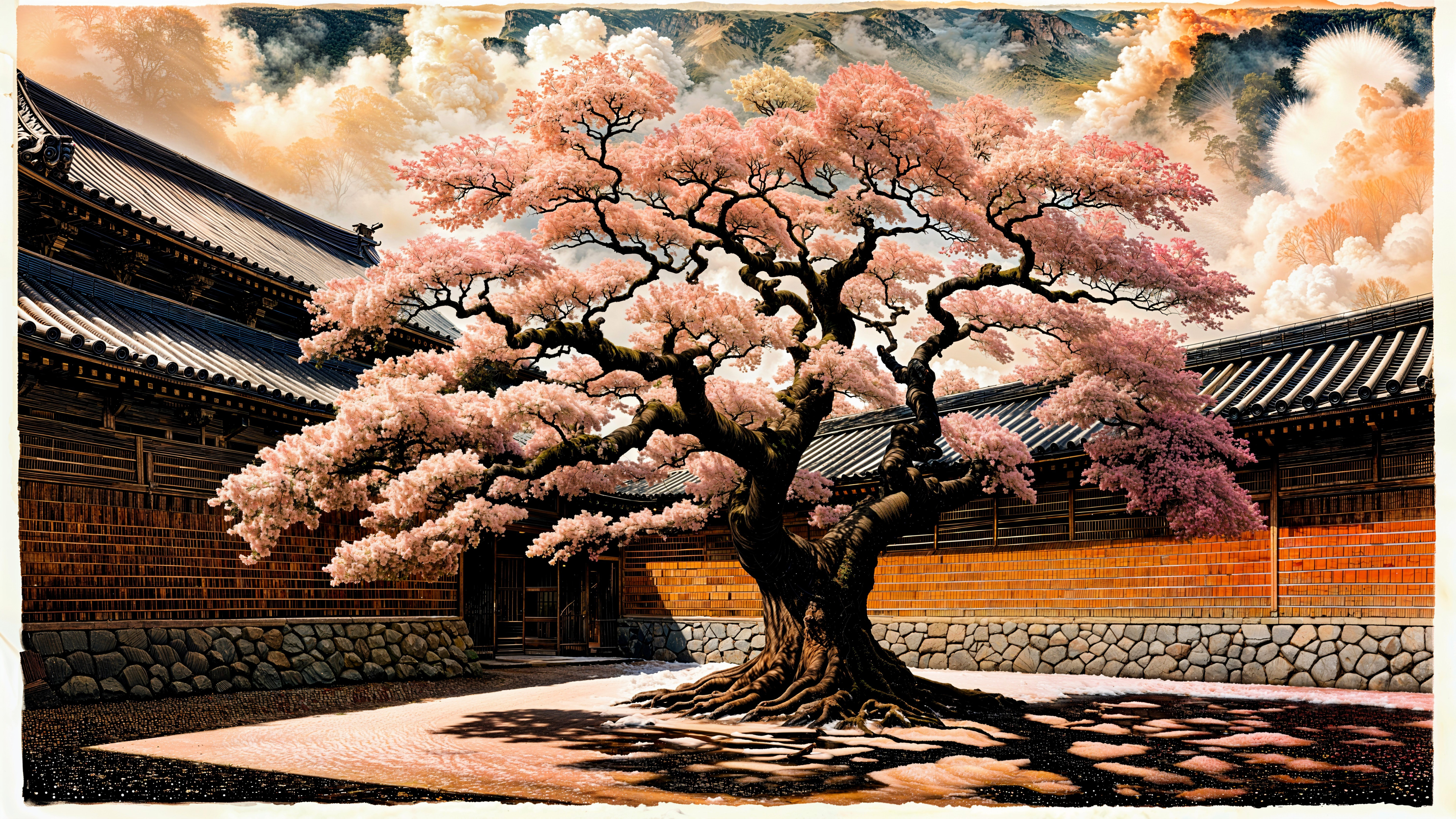 Cherry Blossom Tree in Traditional Japanese Courtyard