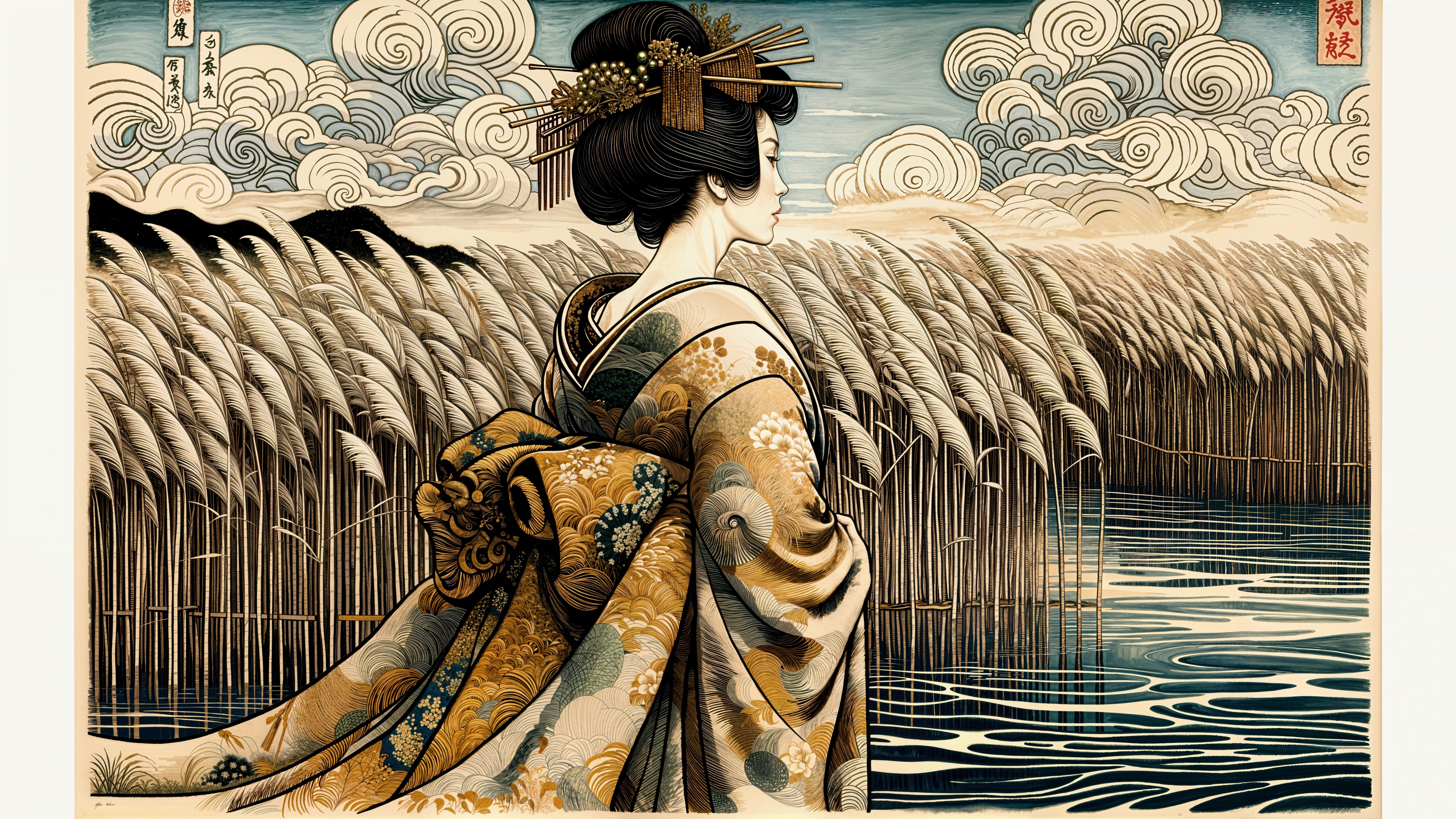 Woman in Kimono by River with Reeds and Clouds
