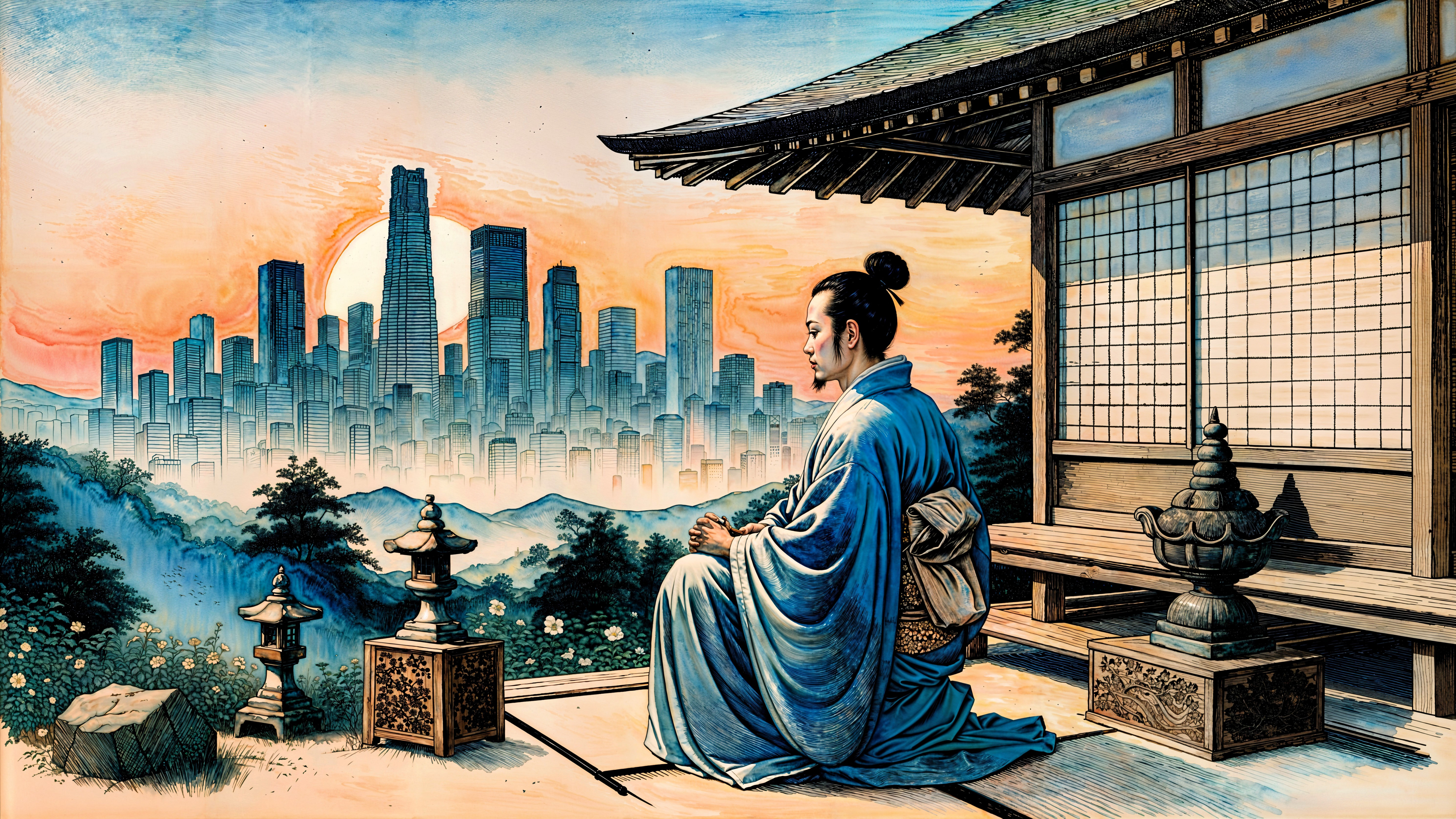 Traditional Attire on Veranda with Modern Skyline