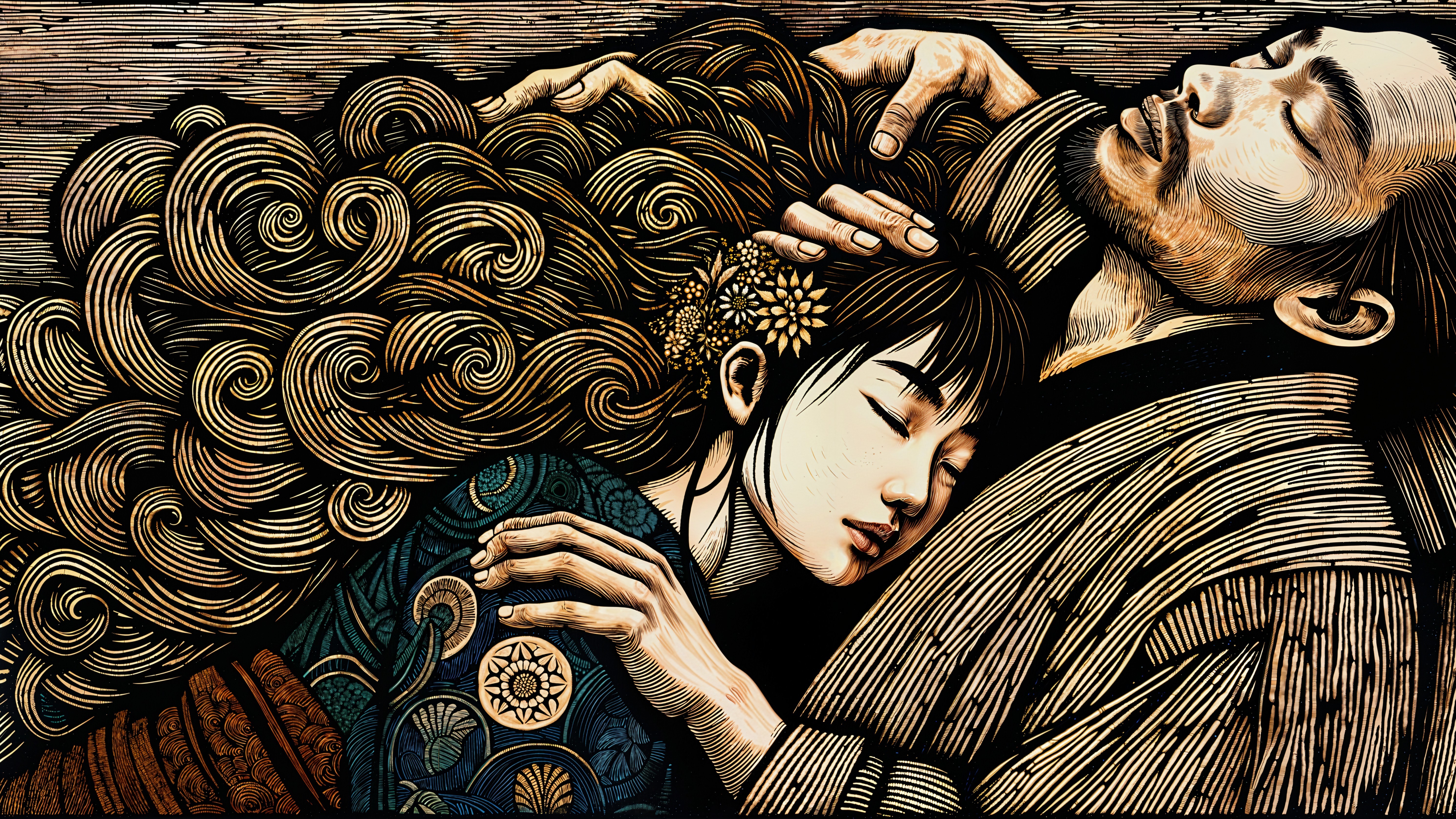 Stylized Illustration of Embracing Figures in Tranquility