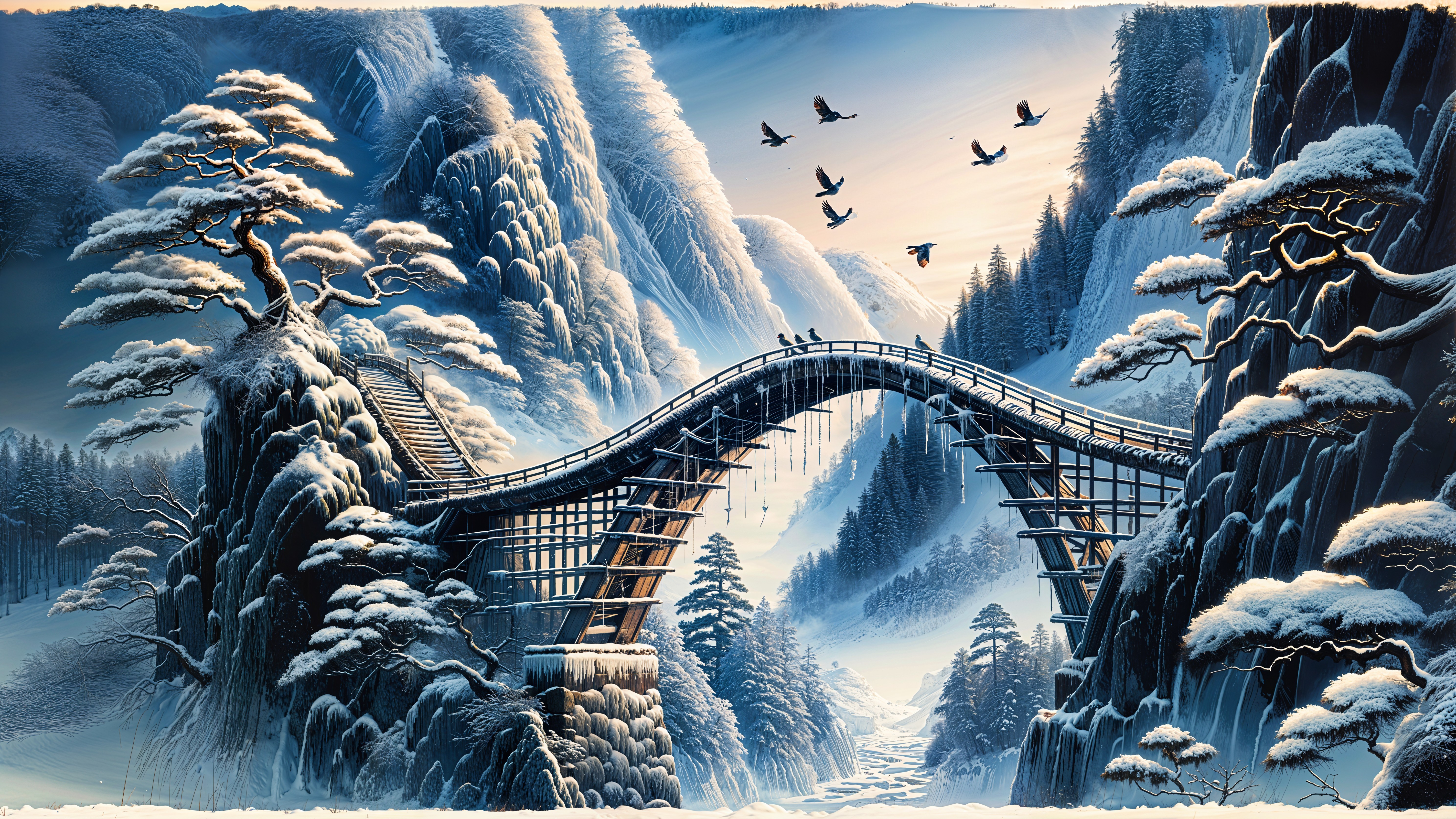 Wooden Bridge Over Snowy Ravine with Mountains and Pines