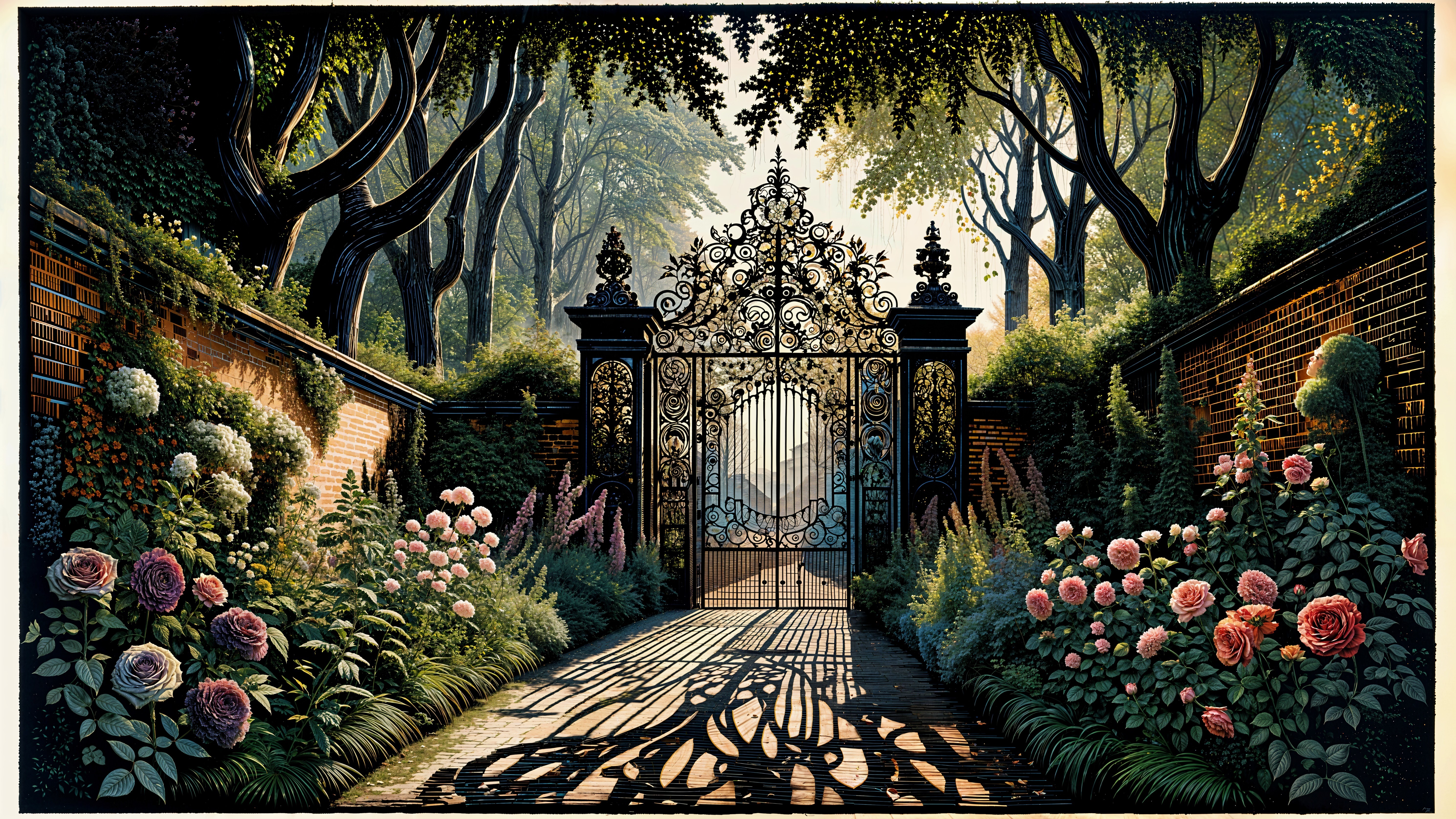 Ornate Wrought-Iron Gate Surrounded by Lush Garden