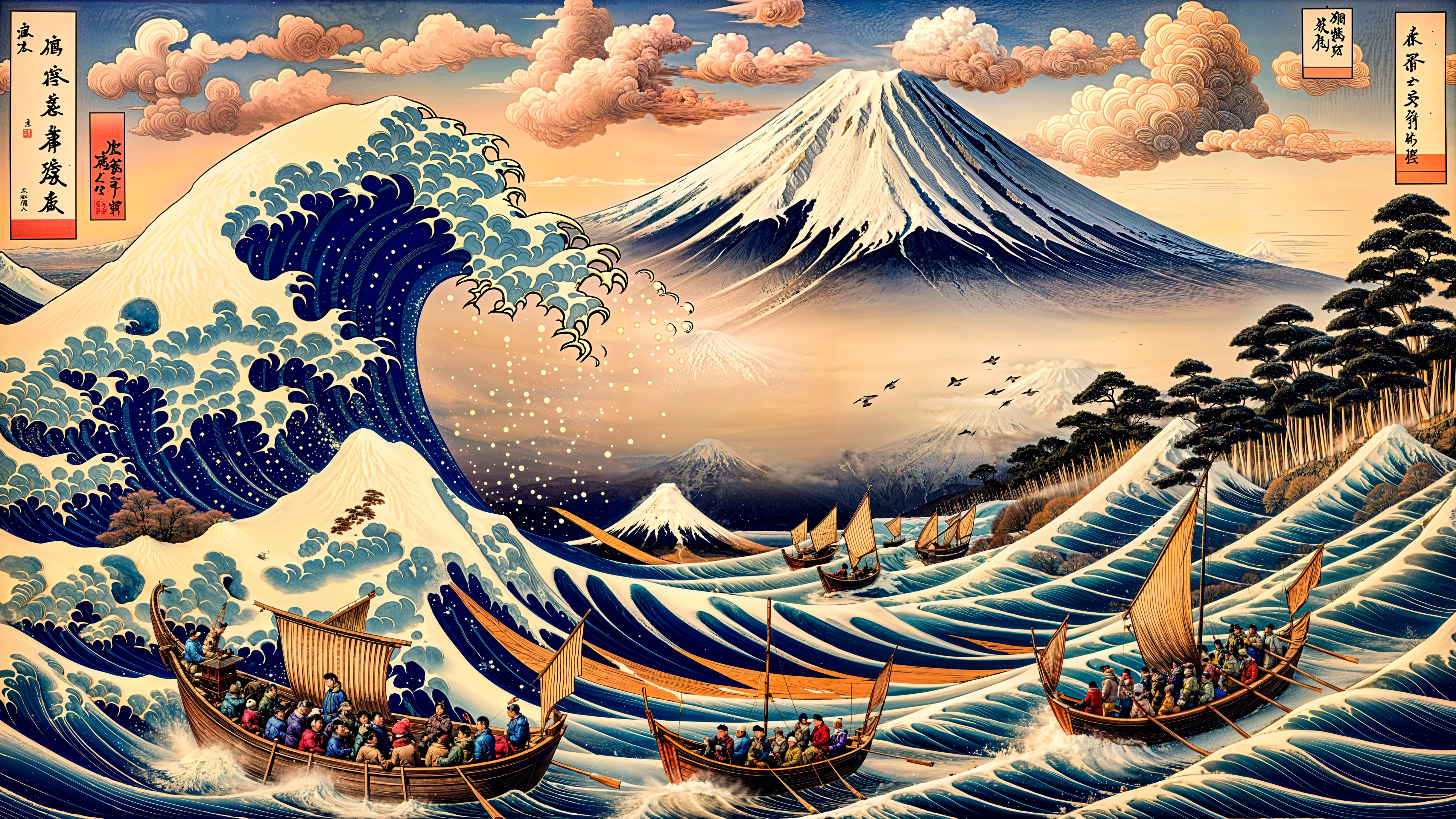 Traditional Boats on Tumultuous Waves with Mount Fuji