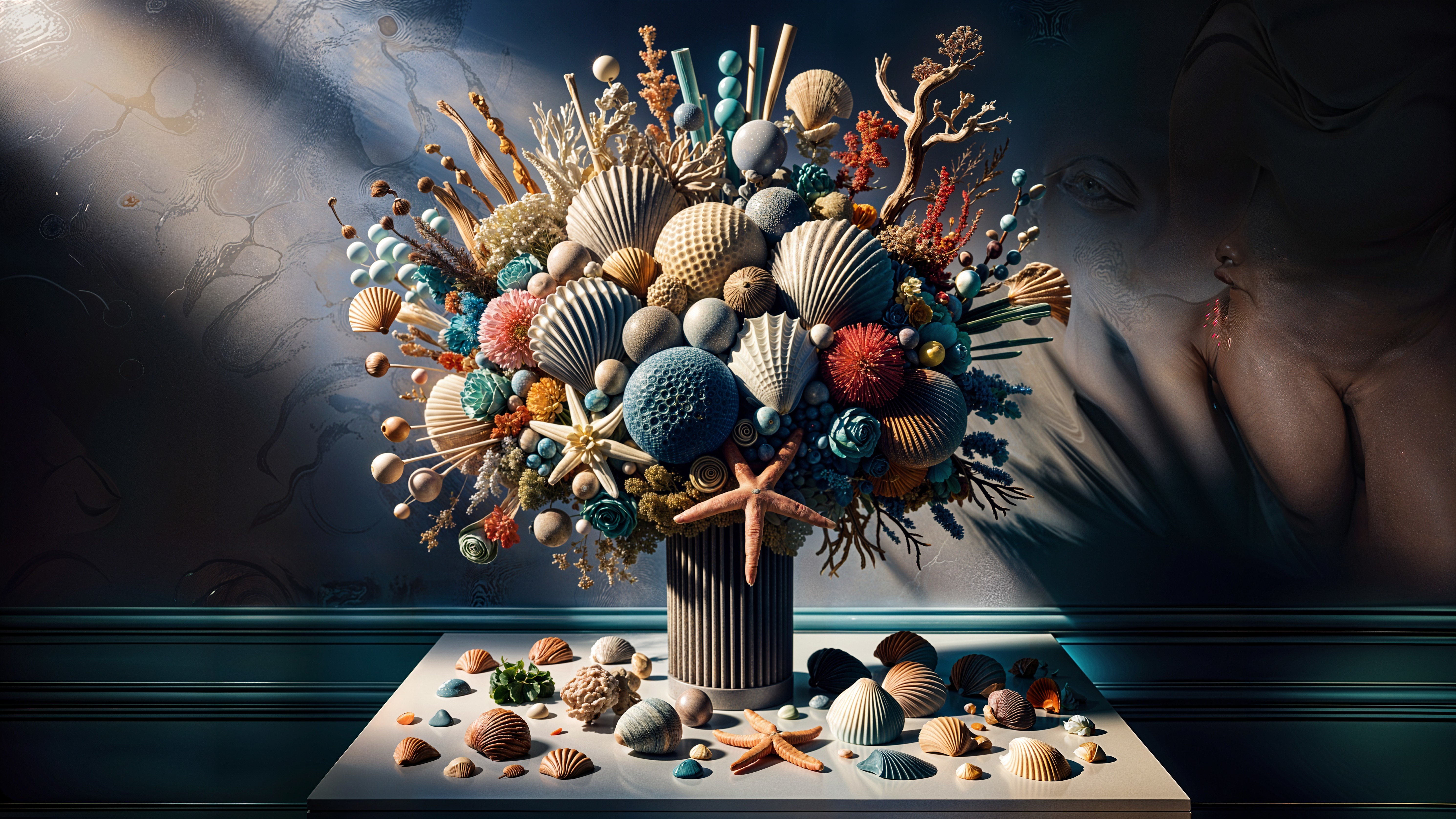 Artistic Seashell and Coral Arrangement in a Vase