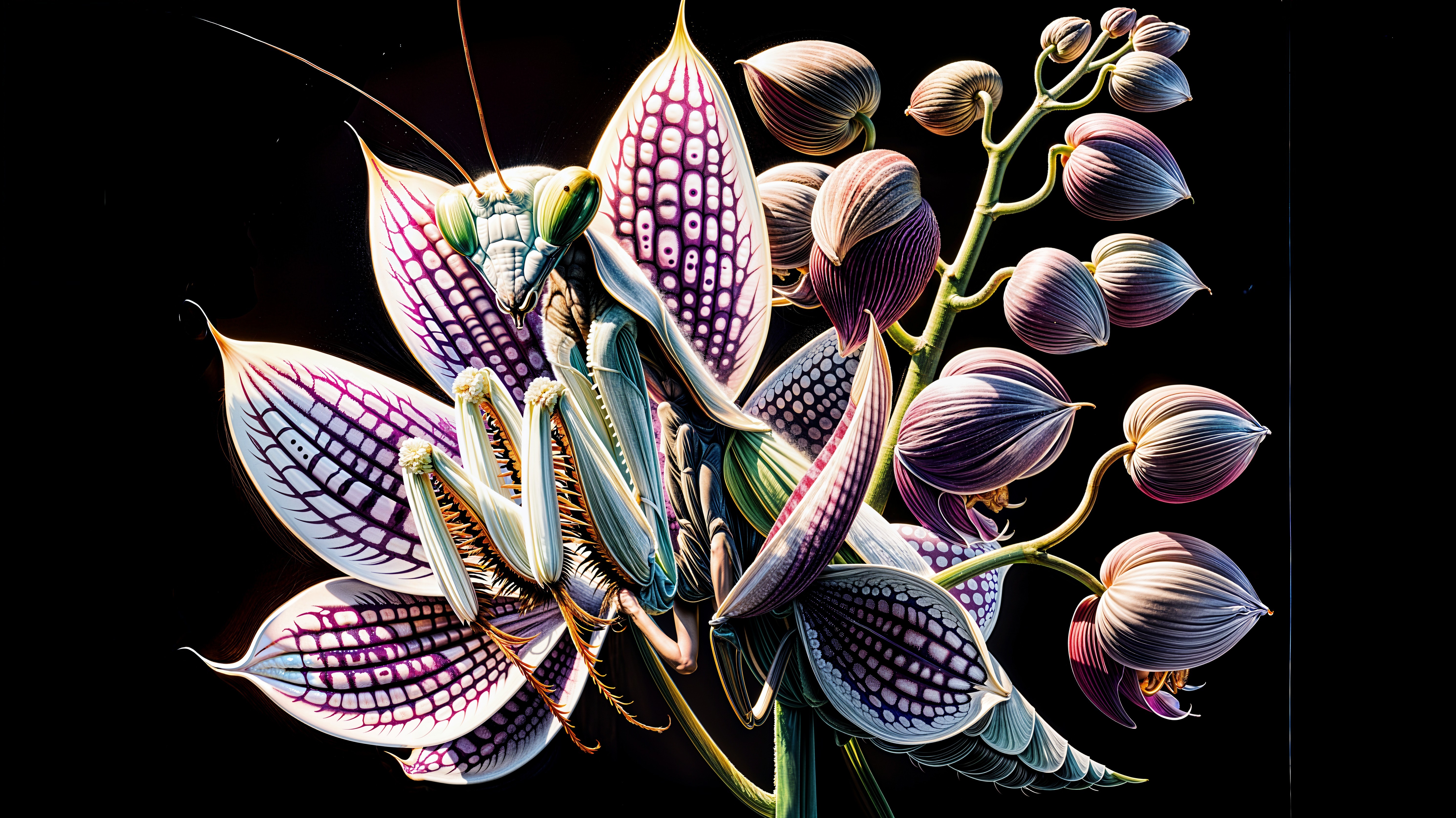 Praying Mantis Illustration on Flower with Details