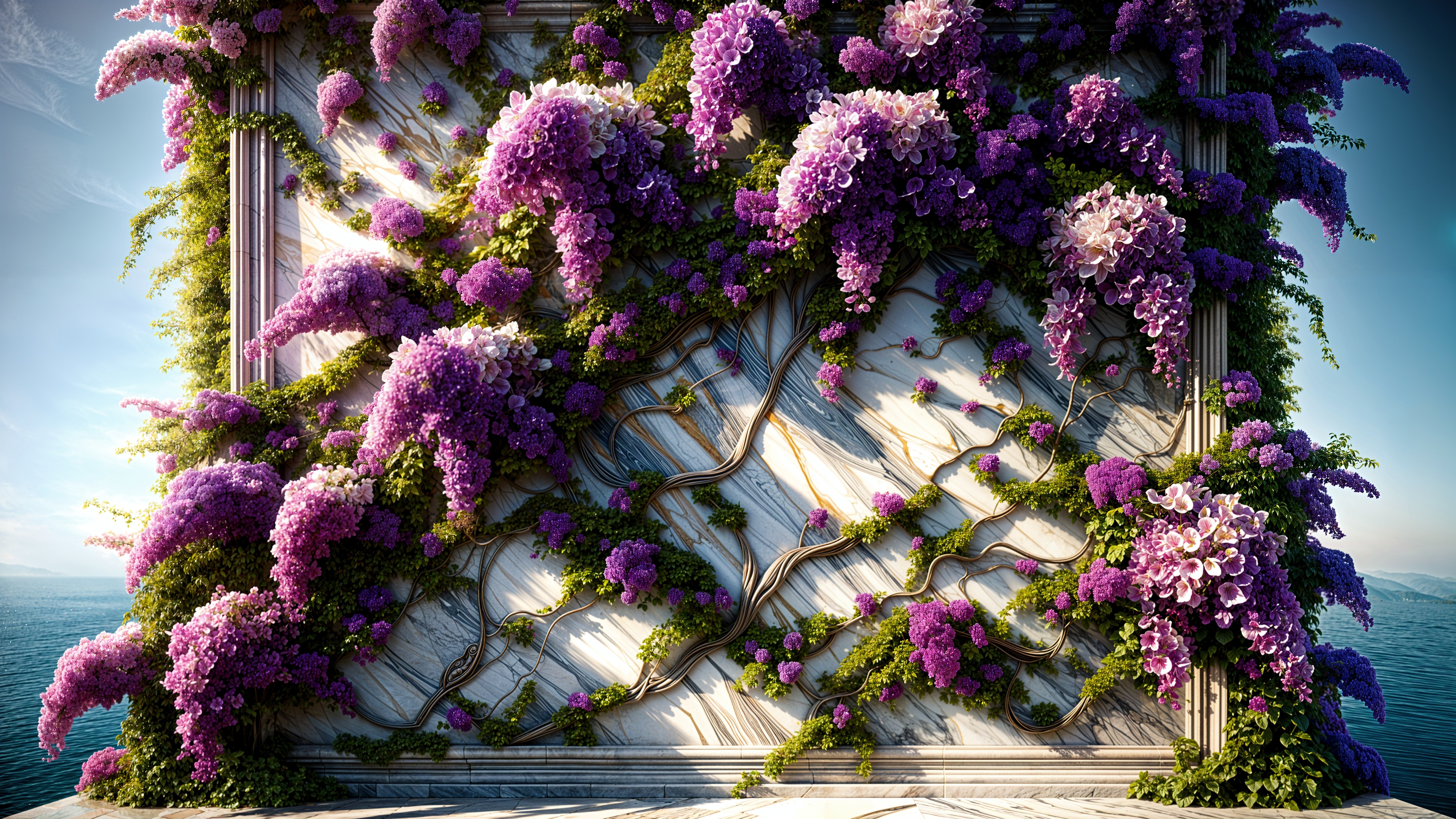 Ornate Frame with Purple Flowers and Blue Water Background