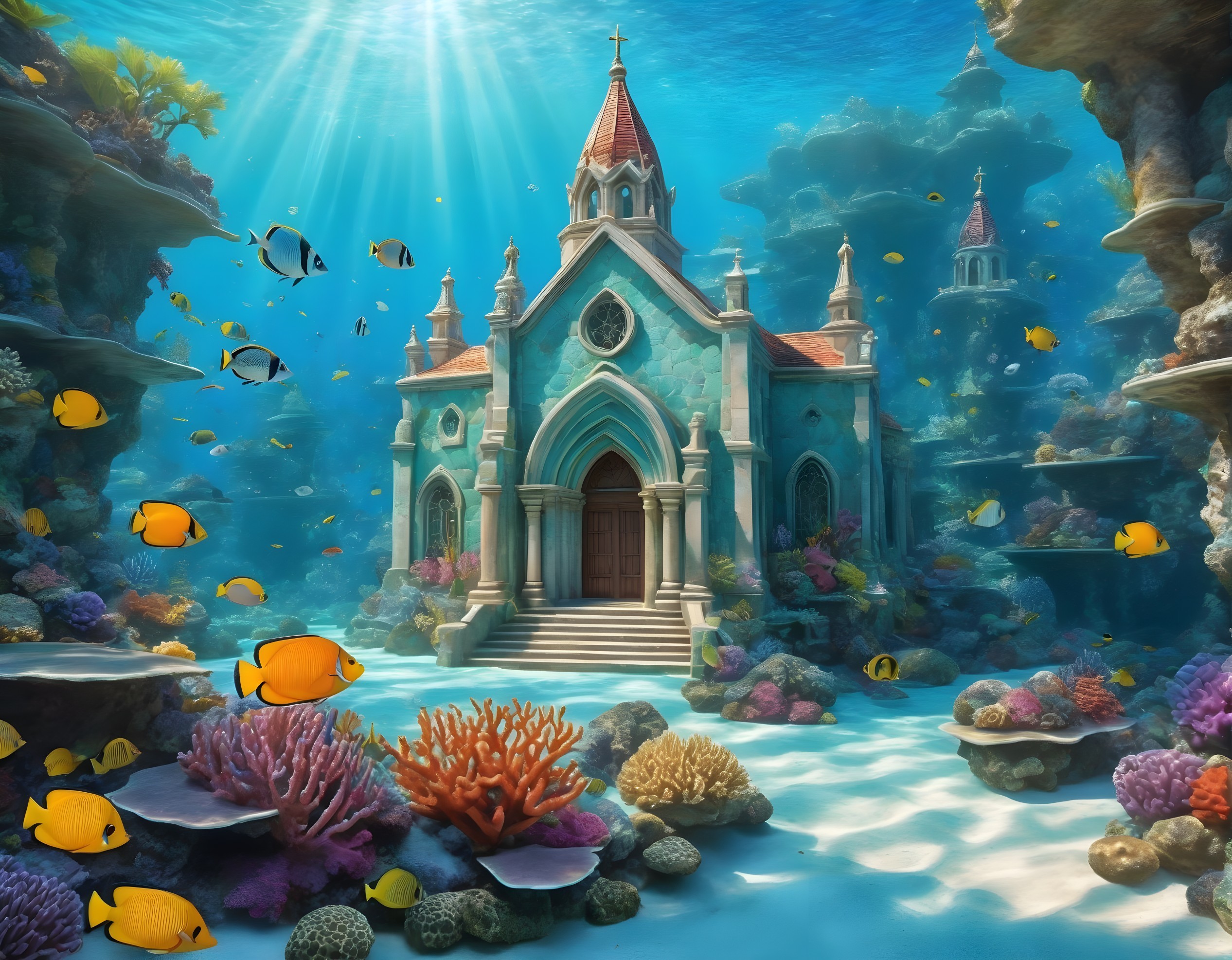 Underwater Church Surrounded by Coral Reefs and Fish