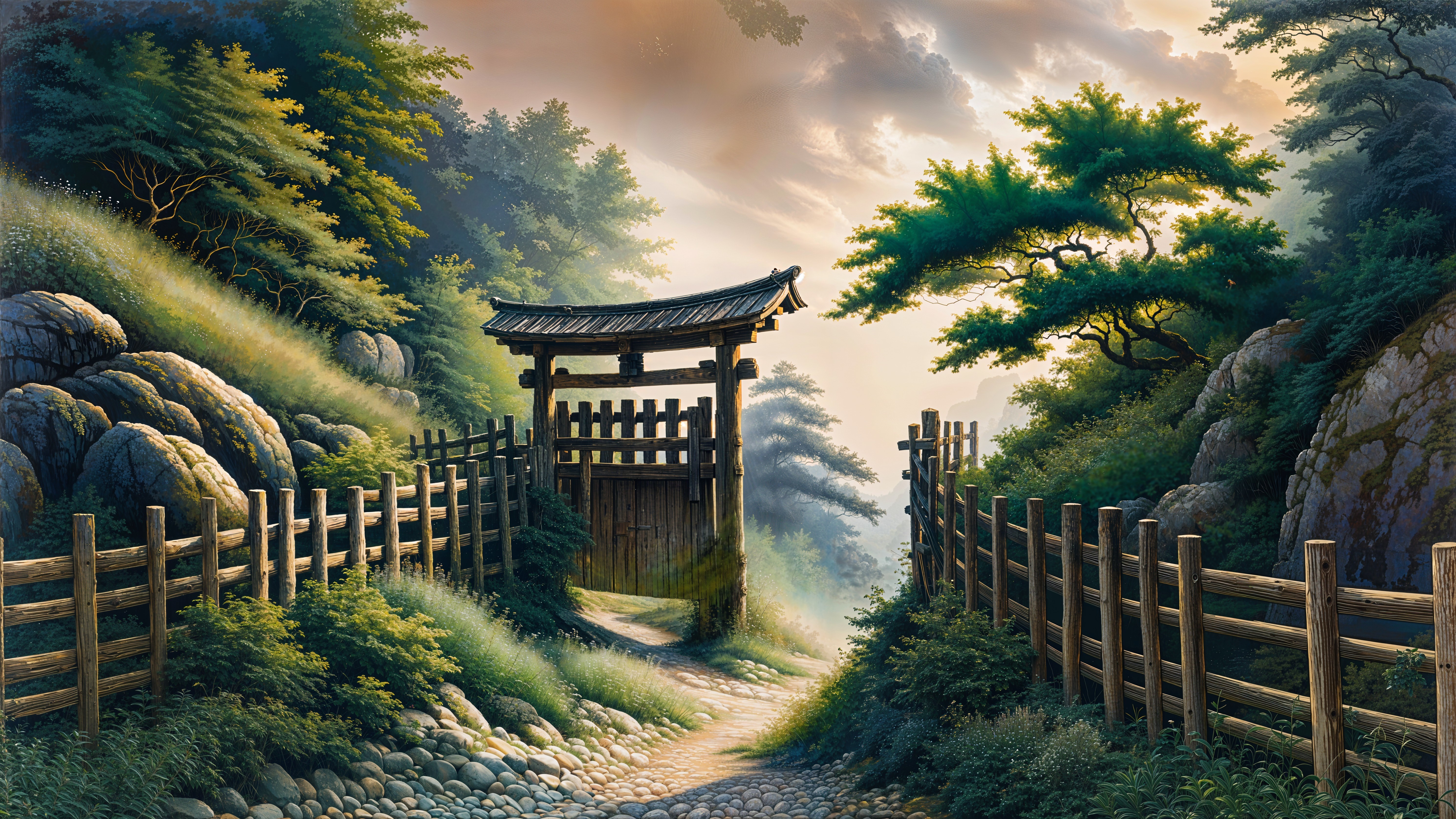 Serene Landscape with Wooden Gate and Lush Greenery