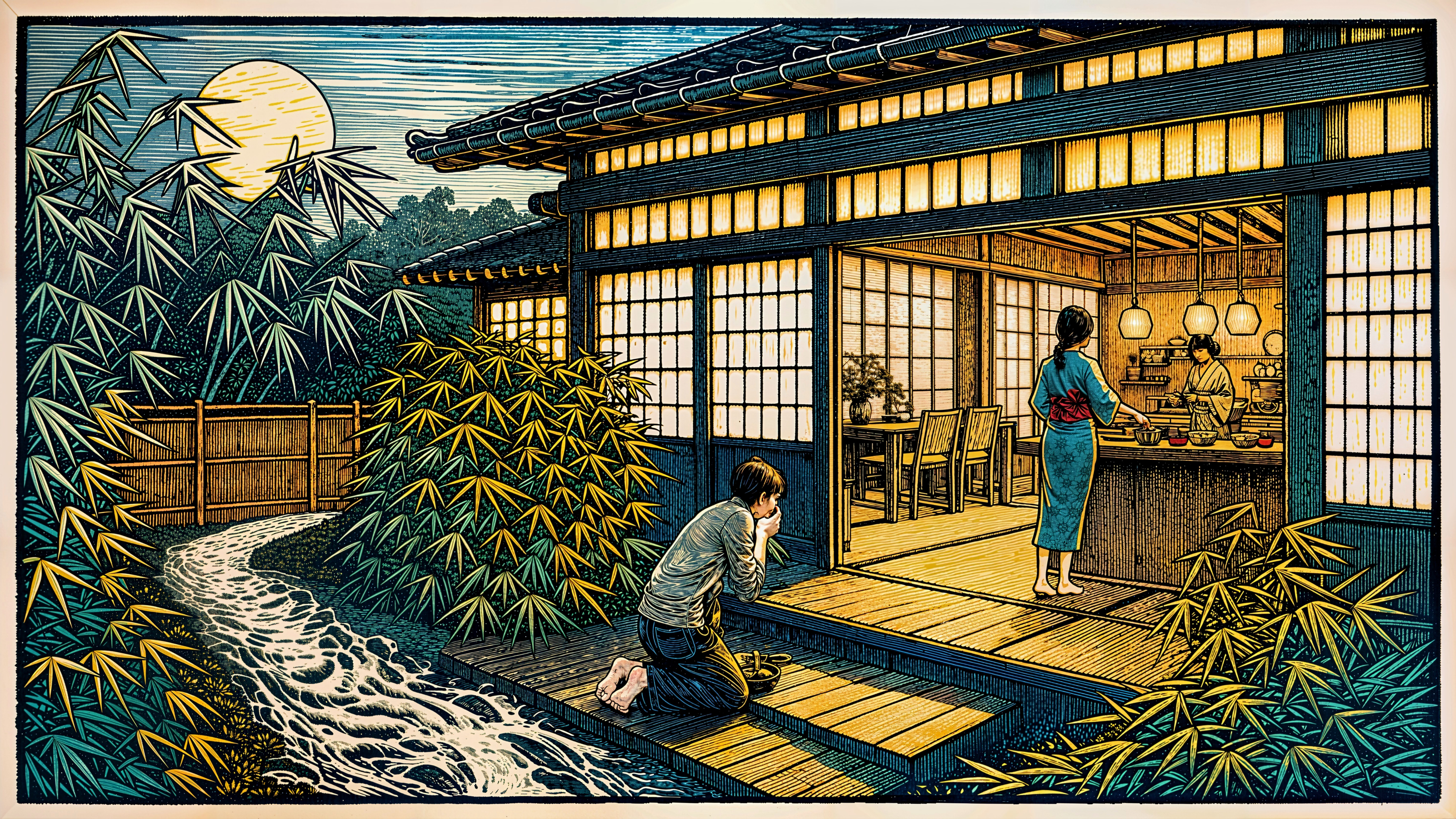 Traditional Japanese House at Night with Kimono Scene