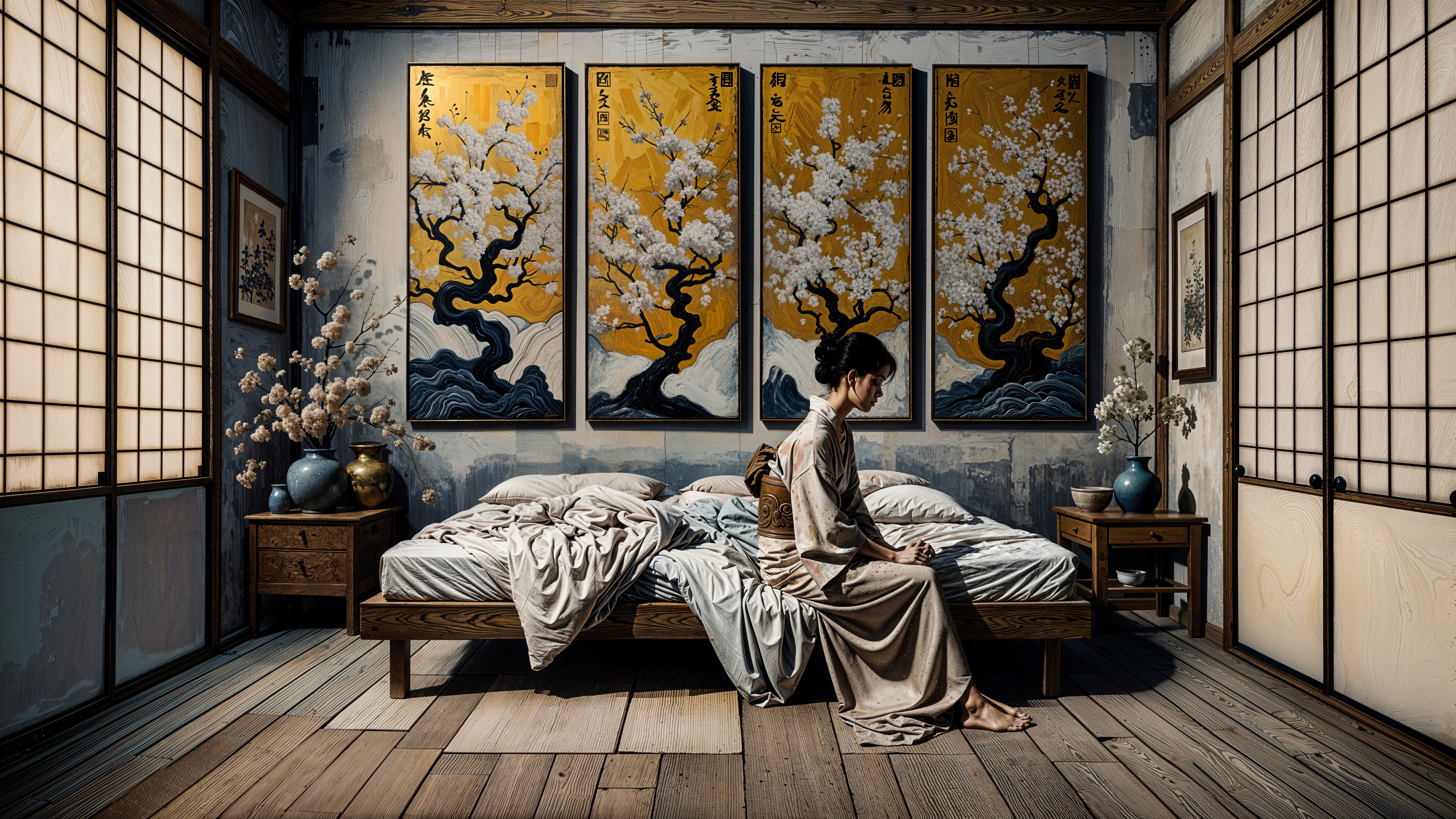Serene Bedroom with Wooden Bed and Cherry Blossom Art