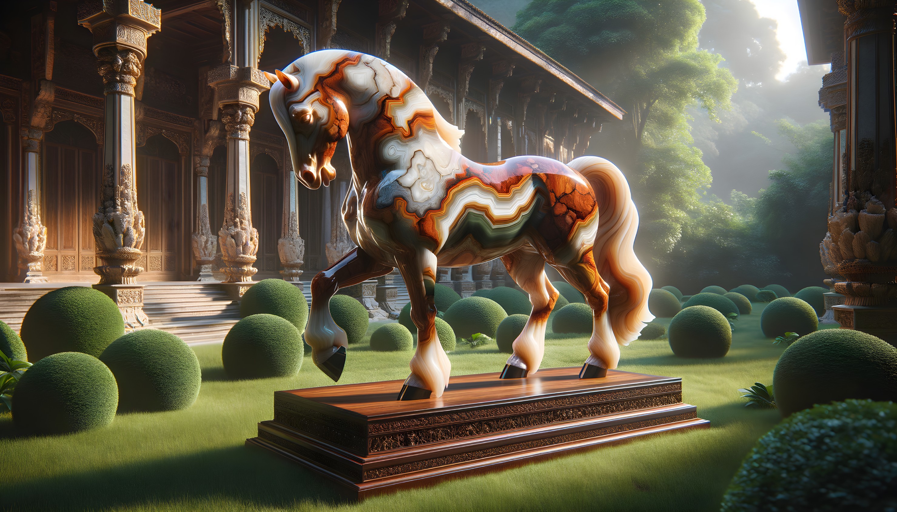 Majestic Onyx Horse Statue with Wooden Base and Greenery